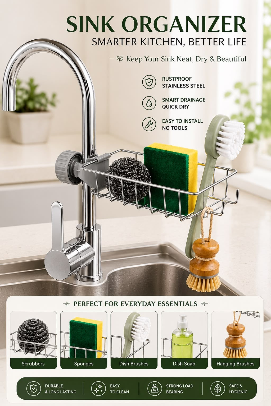 Kitchen Sink Caddy Organizer Over Faucet Sponge Holder, Stainless Steel Heavy Duty Thickening Hanging Faucet Drain Rack for Scrubbers, Soap, Bathroom, Detachable No Suction Cup or Magnet