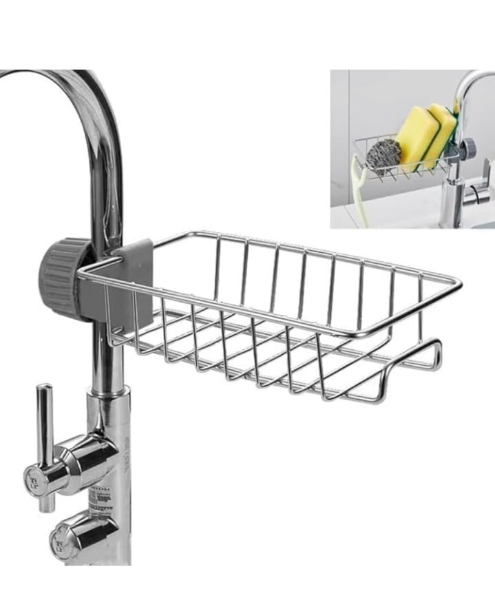 Kitchen Sink Caddy Organizer Over Faucet Sponge Holder, Stainless Steel Heavy Duty Thickening Hanging Faucet Drain Rack for Scrubbers, Soap, Bathroom, Detachable No Suction Cup or Magnet
