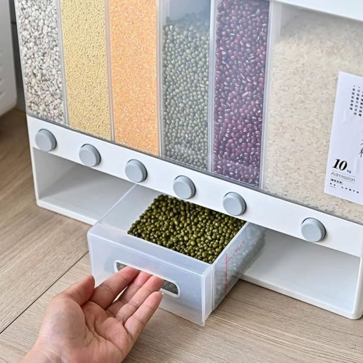 Kitchen Storage Container Organizer, 6 Compartments, White, Transparent Grain Dispenser with Lid