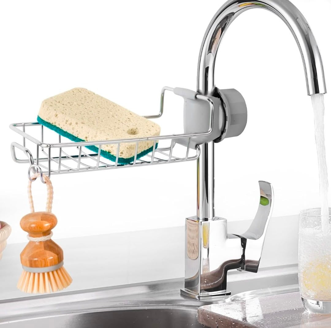 Kitchen Sink Caddy Organizer Over Faucet Sponge Holder, Stainless Steel Heavy Duty Thickening Hanging Faucet Drain Rack for Scrubbers, Soap, Bathroom, Detachable No Suction Cup or Magnet
