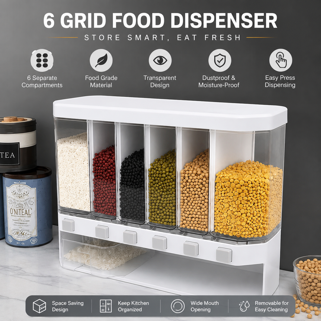 Kitchen Storage Container Organizer, 6 Compartments, White, Transparent Grain Dispenser with Lid