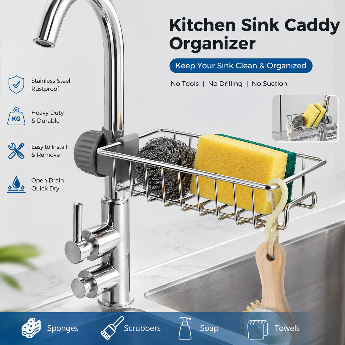Kitchen Sink Caddy Organizer Over Faucet Sponge Holder, Stainless Steel Heavy Duty Thickening Hanging Faucet Drain Rack for Scrubbers, Soap, Bathroom, Detachable No Suction Cup or Magnet