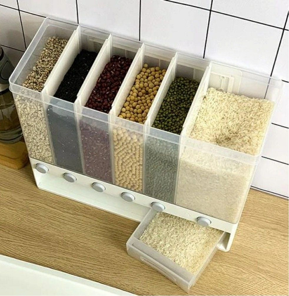 Kitchen Storage Container Organizer, 6 Compartments, White, Transparent Grain Dispenser with Lid