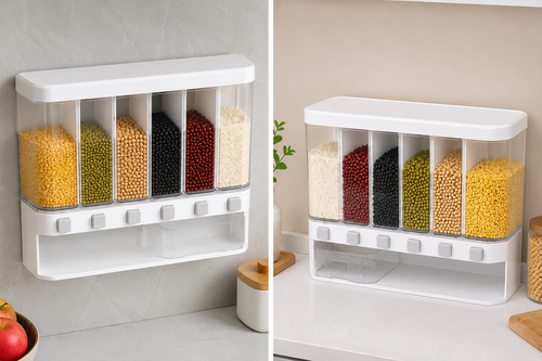 Kitchen Storage Container Organizer, 6 Compartments, White, Transparent Grain Dispenser with Lid