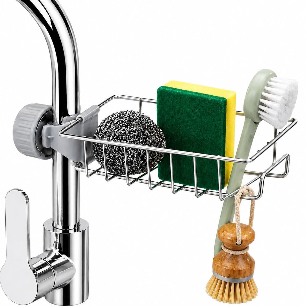 Kitchen Sink Caddy Organizer Over Faucet Sponge Holder, Stainless Steel Heavy Duty Thickening Hanging Faucet Drain Rack for Scrubbers, Soap, Bathroom, Detachable No Suction Cup or Magnet