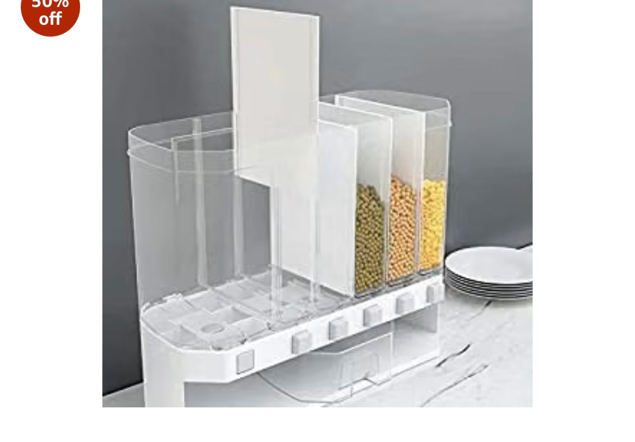 Kitchen Storage Container Organizer, 6 Compartments, White, Transparent Grain Dispenser with Lid