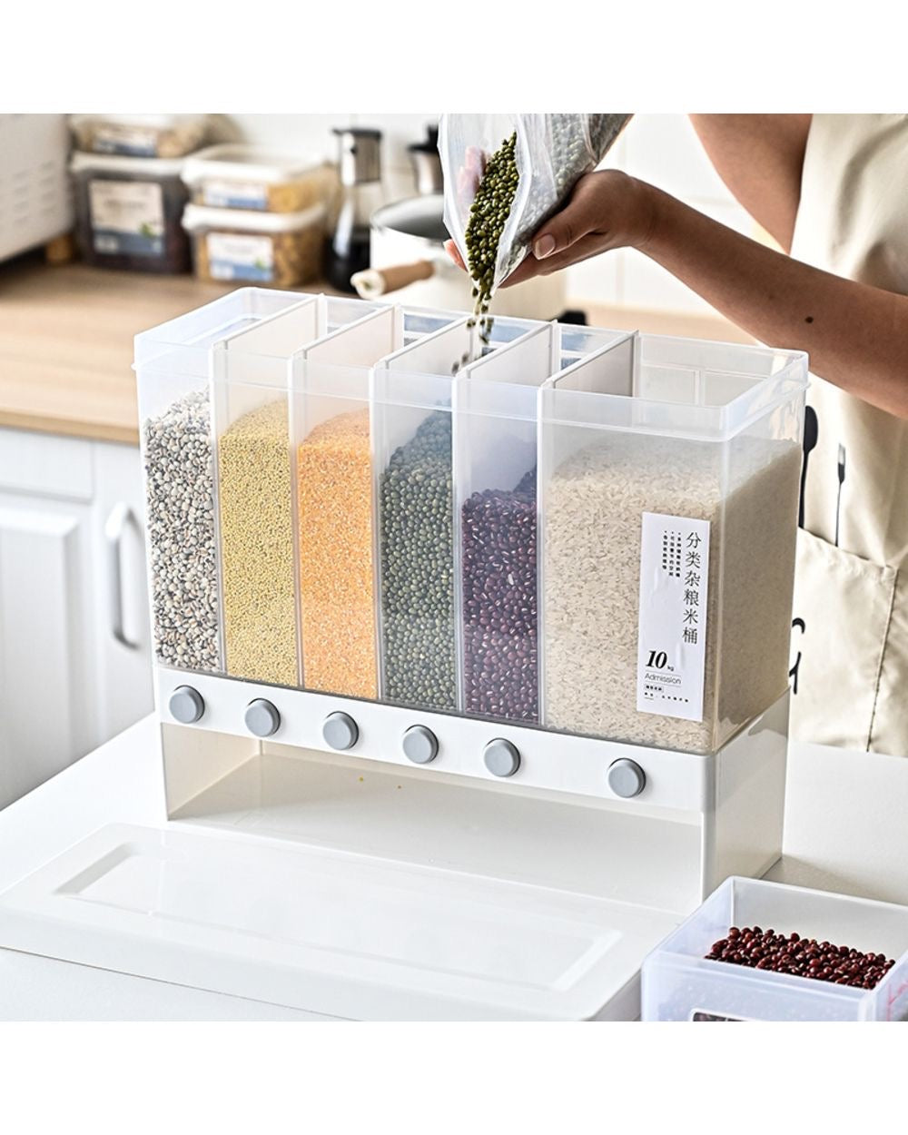Kitchen Storage Container Organizer, 6 Compartments, White, Transparent Grain Dispenser with Lid
